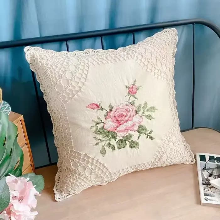 Housse de coussin en coton et lin tissé au crochet, housse de coussin brodée florale, housse de cous