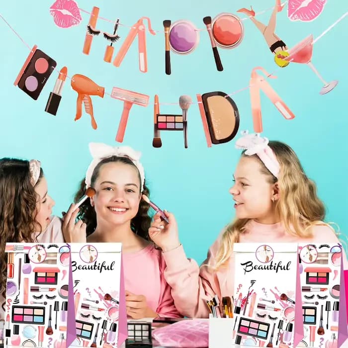 Fournitures de fête de maquillage Spa, bannière cosmétique joyeux anniversaire, sacs cadeaux en papier avec autocollants, décoration de fête d'anniversaire pour filles et femmes
