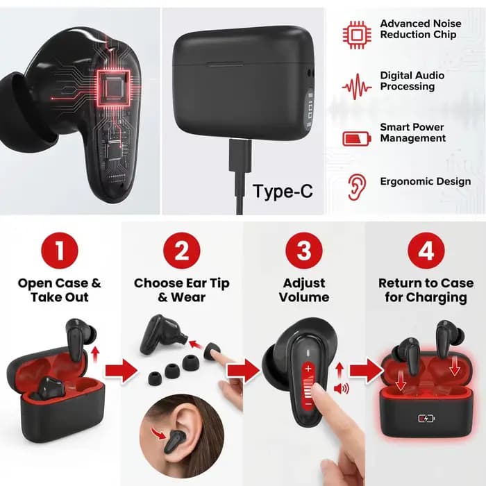 Aides auditives rechargeables, 12 canaux, réduction numérique du bruit, casque pour seniors, son clair, avec étui de charge, batterie 80H, intra-auriculaires