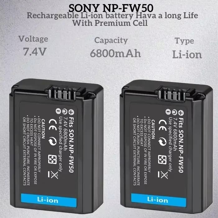 Batterie d'appareil photo 6800mAh NP-FW50 pour Sony Alpha A6000 A6500 A6300 A6400 A7 A7II A7RII A7SII A7S A7S2, Compatible haute capacité