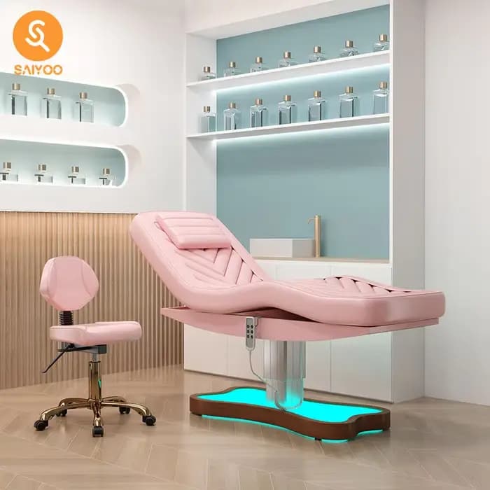 Lit de massage spa pour salon de beauté électrique rose avec 3 moteurs et base lumineuse LED