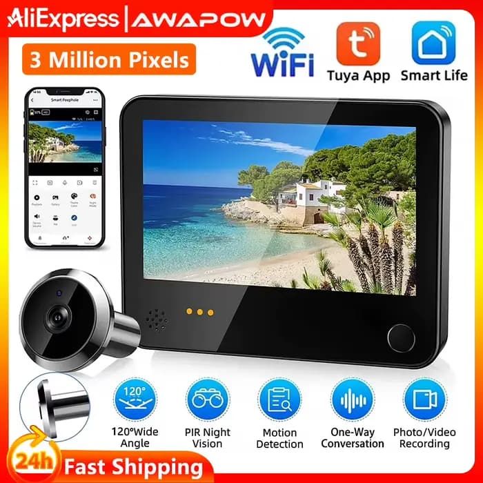 Awapow Tuya porte de Surveillance caméra judas intelligente interphone visuel caméra Radar numérique détection de mouvement sonnette vidéo sans fil