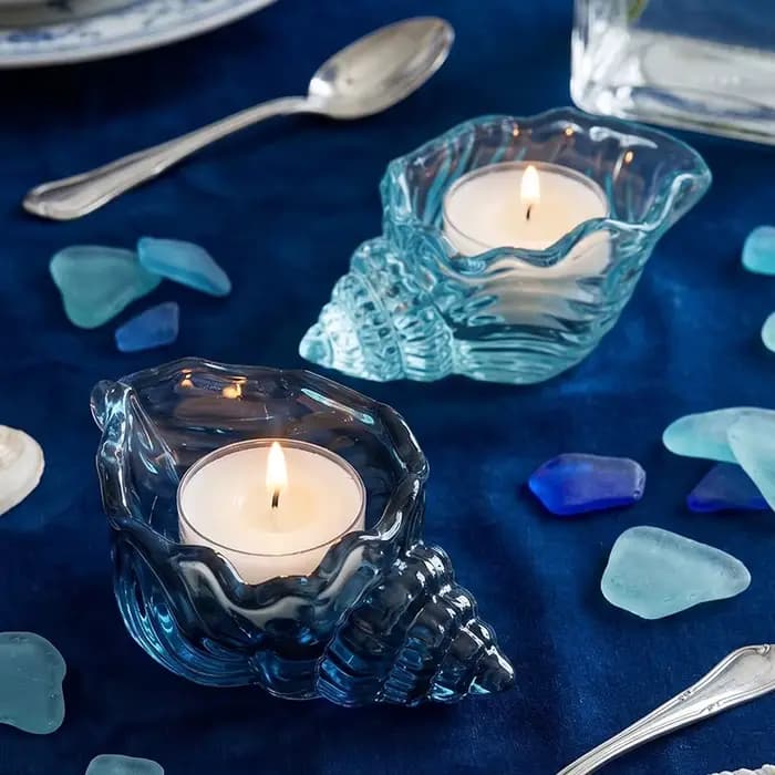Porte-bougie en verre coquillage océanique, verre marin bleu, coupelle à bougie chauffe-plat, thème plage, décoration d'intérieur, centre de table, support de bougie coquillage