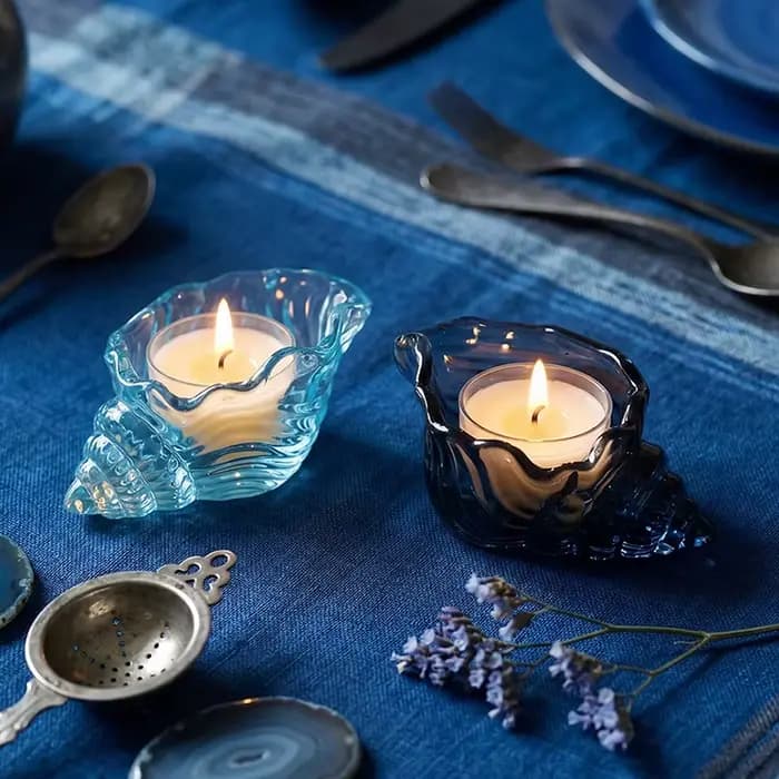 Porte-bougie en verre coquillage océanique, verre marin bleu, coupelle à bougie chauffe-plat, thème plage, décoration d'intérieur, centre de table, support de bougie coquillage