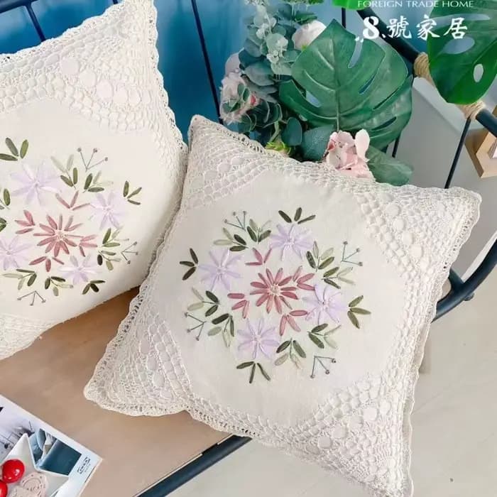 Housse de coussin en coton et lin tissé au crochet, housse de coussin brodée florale, housse de coussin décorative rétro faite à la main en coton tissé