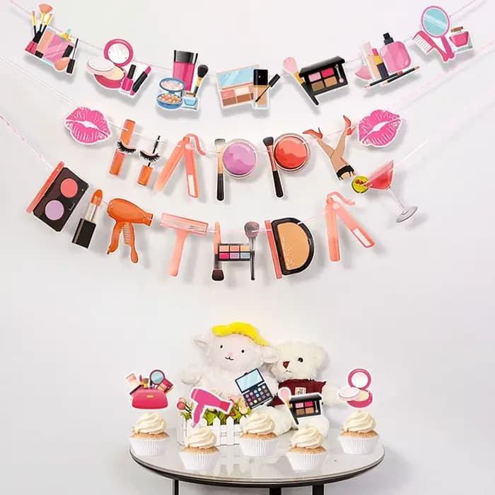 Fournitures de fête de maquillage Spa, bannière cosmétique joyeux anniversaire, sacs cadeaux en papier avec autocollants, décoration de fête d'anniversaire pour filles et femmes