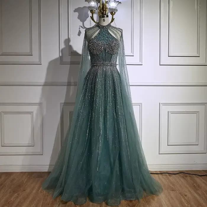 Robe de soirée trapèze de luxe en perles de cristal Turquoise, avec manches Cape, pour fête formelle, Serene Hill, personnalisée, LA73054, 2025