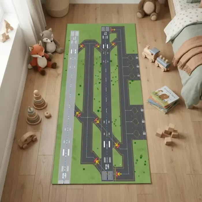 Tapis de piste d'aéroport réaliste, thème d'aviation et décoration de maison interactive avec ton gris vert pour salle de jeux de couloir