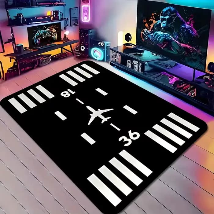 Tapis vert sur le thème de l'aéroport avec tapis design d'avion et de piste pour salon, extérieur, cuisine, salle de bain, tapis de décoration d'avion