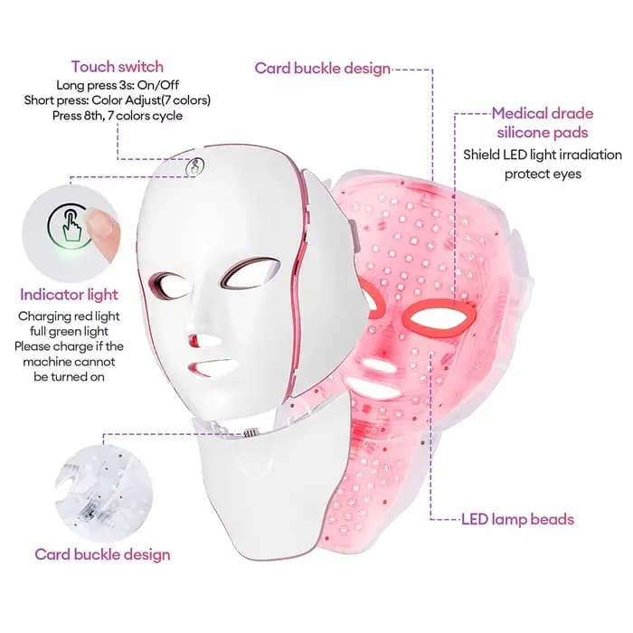 Masque Facial LED 7 couleurs avec lumière LED pour le cou