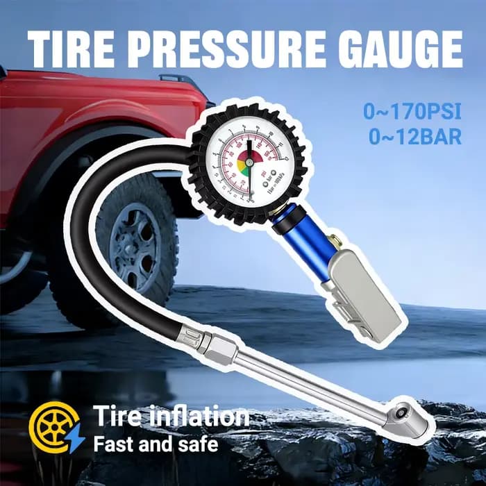 Pistolet gonfleur auto-serrant 12 bar avec manomètre de pression des pneus haute précision 170 PSI et connecteur rapide pour compresseur d'air SUV