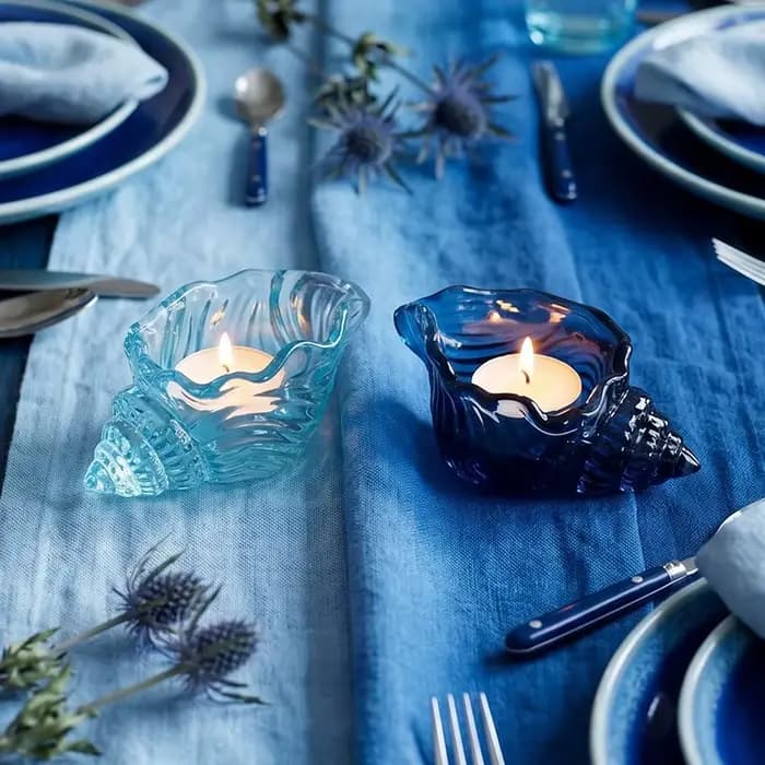Porte-bougie en verre coquillage océanique, verre marin bleu, coupelle à bougie chauffe-plat, thème plage, décoration d'intérieur, centre de table, support de bougie coquillage