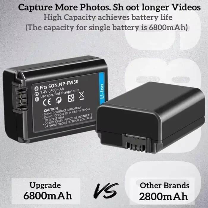 Batterie d'appareil photo 6800mAh NP-FW50 pour Sony Alpha A6000 A6500 A6300 A6400 A7 A7II A7RII A7SII A7S A7S2, Compatible haute capacité