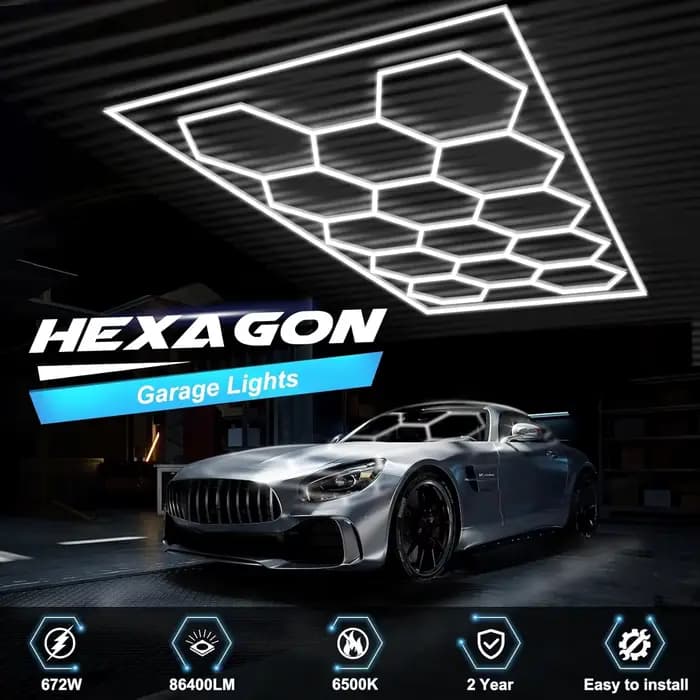 Lumière de garage LED hexagonale, lot de 14 lumières en nid d'abeille avec cadre rectangulaire 6500K pour garage, sous-sol, entrepôt