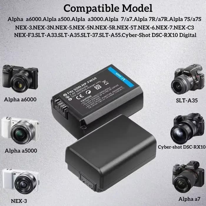 Batterie d'appareil photo 6800mAh NP-FW50 pour Sony Alpha A6000 A6500 A6300 A6400 A7 A7II A7RII A7SII A7S A7S2, Compatible haute capacité