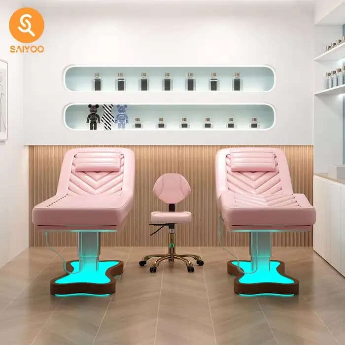 Lit de massage spa pour salon de beauté électrique rose avec 3 moteurs et base lumineuse LED