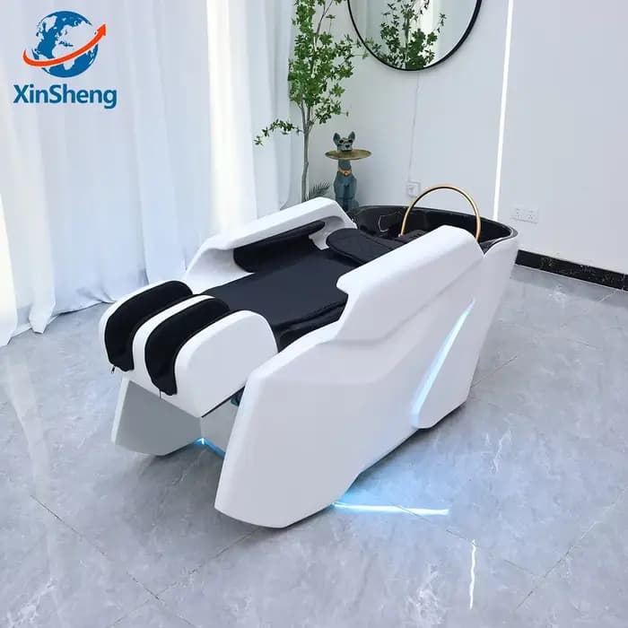 Lit de lavage capillaire haut de gamme avec massage multi-zones et éclairage d'ambiance LED, lits de lavage capillaire de luxe pour salons de soins du cuir chevelu haut de gamme