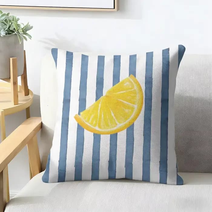 Housse de coussin moderne minimaliste à rayures citronnes, en lin naturel, tissu biologique, impression double face, respirante, pour la décoration