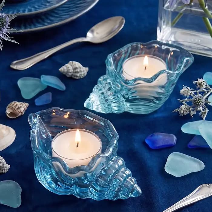 Porte-bougie en verre coquillage océanique, verre marin bleu, coupelle à bougie chauffe-plat, thème plage, décoration d'intérieur, centre de table, support de bougie coquillage