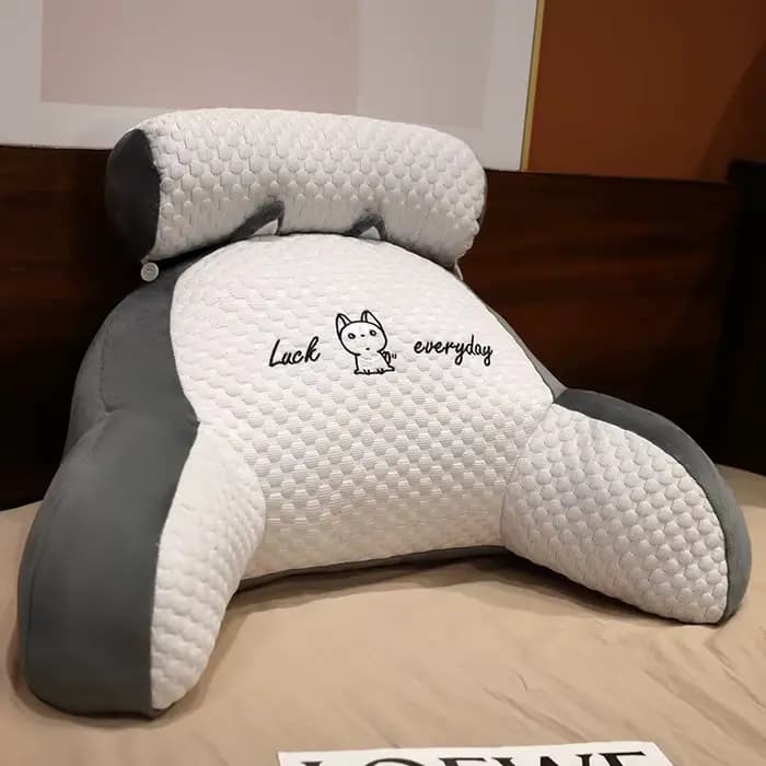 Coussin de lecture pour lire au lit en position assise avec accoudoirs - Gris matelassé, housse amov