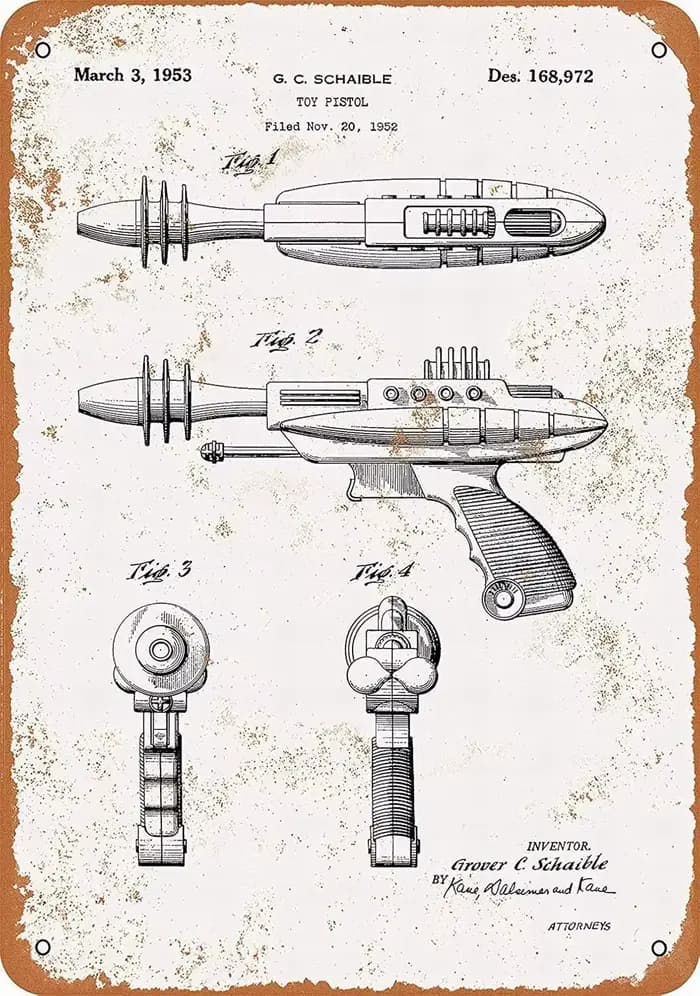 Panneau métallique - Décoration murale vintage en aluminium avec motif pistolet jouet Ray Gun (paten