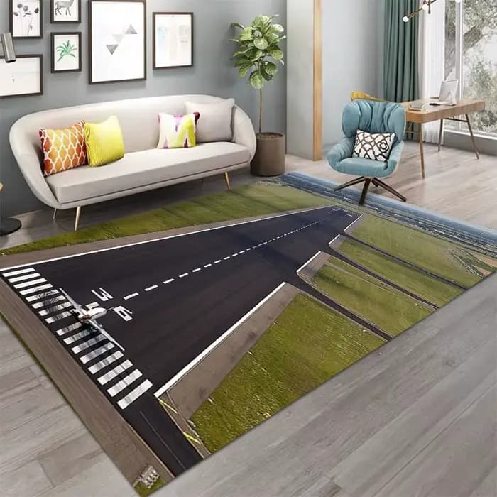 Tapis de piste d'aéroport 3D, conception de décollage d'avion, motif de paysage urbain au coucher du