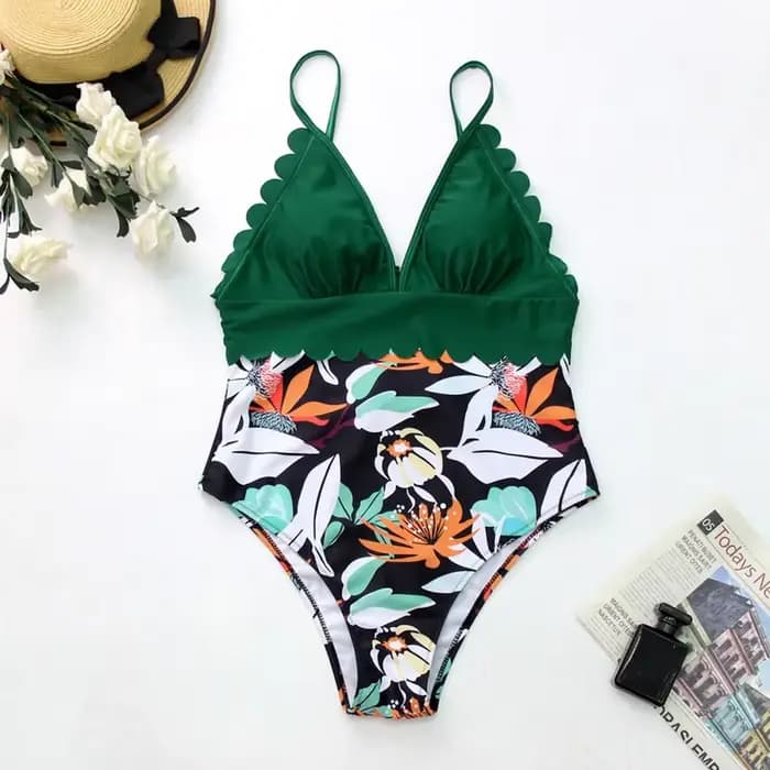 Maillot de bain une pièce taille haute, sexy, col en v, push up, col licou, garniture festonnée, vêt