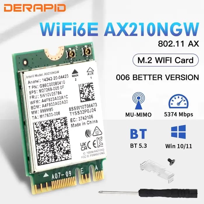 Adaptateur sans fil WiFi 6E AX210NGW NGFF, Bluetooth 5.3, WiFi6, 5374Mbps, 2.4G/5G/6GHz, 802.11AX, p