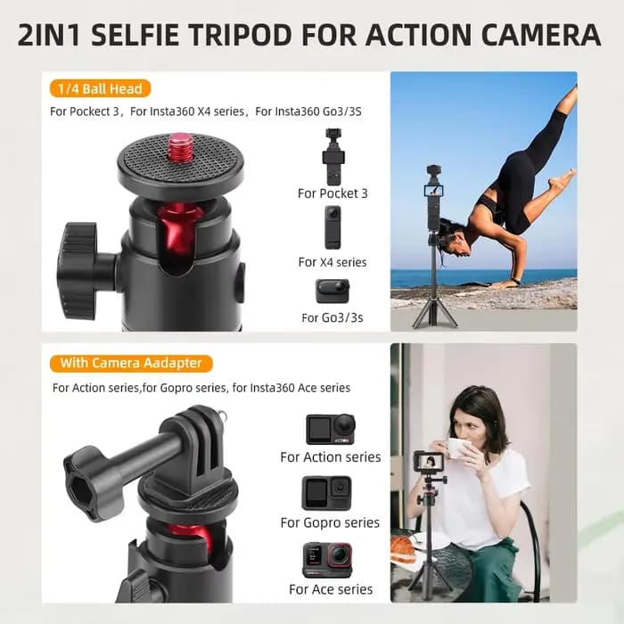 Trépied pour selfie stick compatible avec DJI Action 5 Pro 4/Osmo 360/Pocket 3/4/Insta360 Ace Pro 2, accessoires de photographie pour diffusion en direct