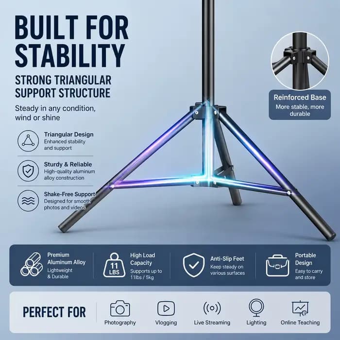 Support d'éclairage robuste en acier au carbone 200 cm, trépied pliable pour la photographie en studio et l'utilisation en extérieur