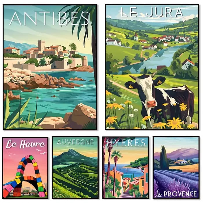 Affiche touristique : Route de Jura, Corse, Îles Frioul - Marseille, Antibes, Provence, Tour de la Bretagne, Auvergne, Le Havre, Les Arcs