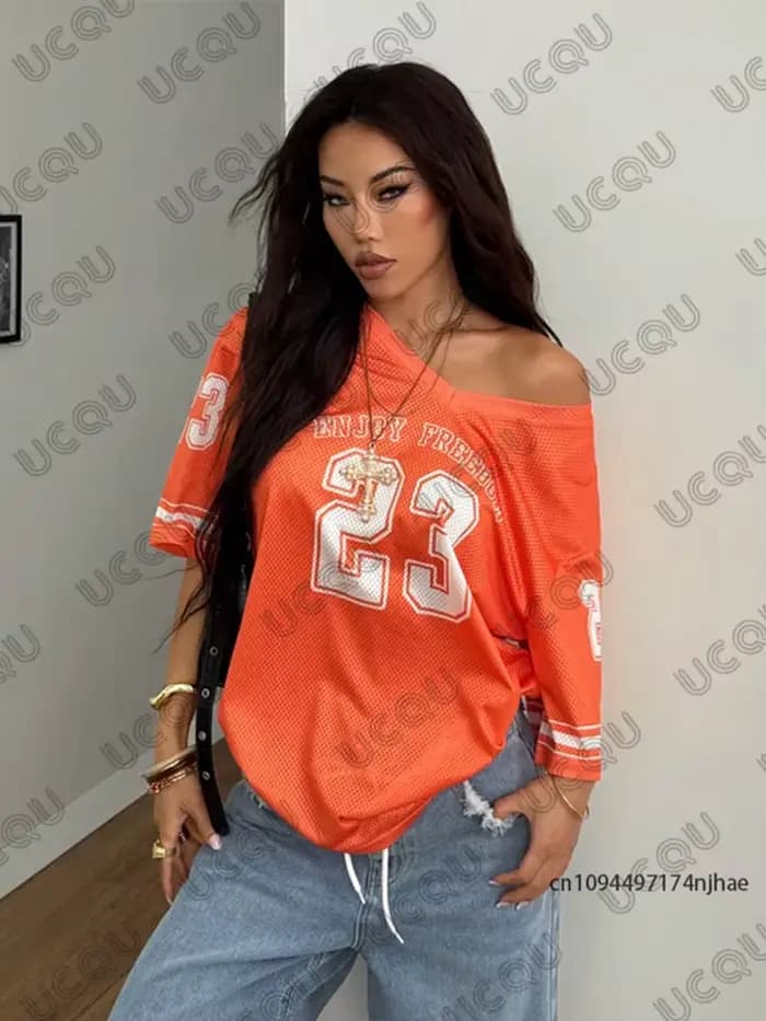 Orange profiter de la liberté 23 T-Shirt imprimé pour femmes été nouveau col en v à manches courtes sport Football Jersey Y2K hauts amples surdimensionnés