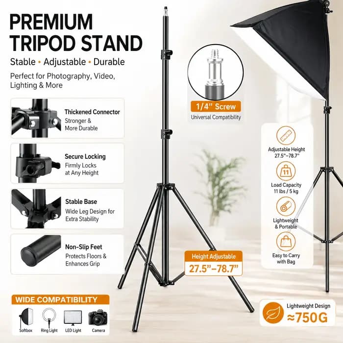 Support d'éclairage robuste en acier au carbone 200 cm, trépied pliable pour la photographie en studio et l'utilisation en extérieur