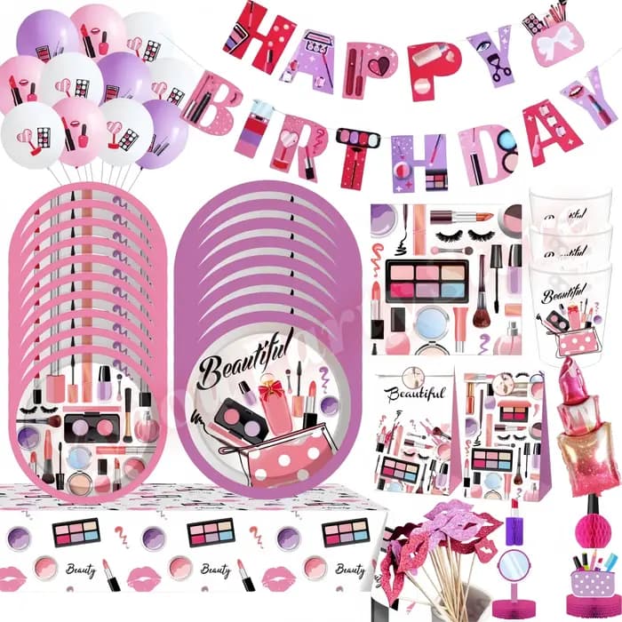 Décorations de fête sur le thème du maquillage SPA, vaisselle, assiettes, gobelets, serviettes, ballons, accessoires photo, jeux de rôle, fournitures pour fête d'anniversaire de filles et femmes
