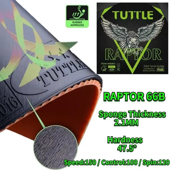 TUTTLE RAPTOR 66B Caoutchouc de tennis de table à picots vers l'intérieur avec éponge Quantum Inner Energy de 2,1 mm 47,5 ° Caoutchouc de ping-pong approuvé par l'ITTF
