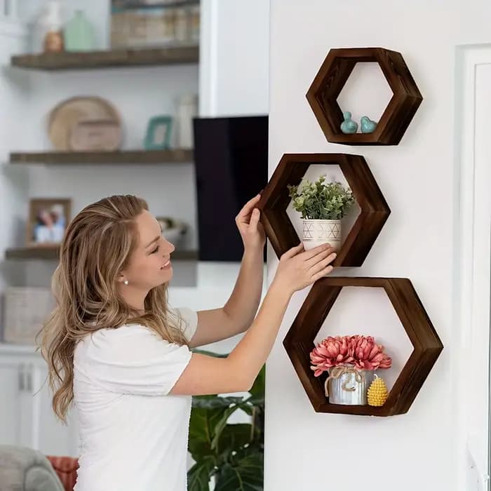 Étagère murale flottante hexagonale, support de rangement hexagonal - Pour les amateurs de décoration intérieure - Cadeau idéal - Convient pour la salle de bain, la chambre à coucher