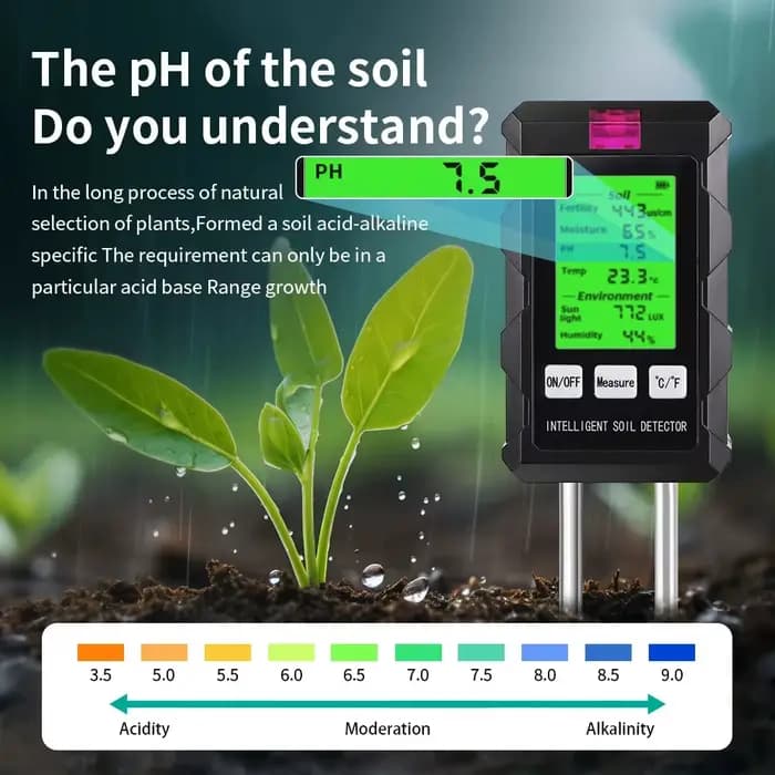 Analyseur de sol numérique 6 en 1, testeur de pH du sol, fertilité, humidité du sol, lumière du soleil, humidité ambiante, température, détecteur, moniteur, analyseur de sol de jardin