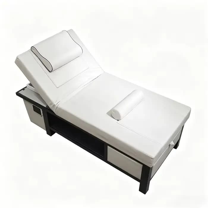 Lit de massage de luxe blanc 2026 avec tiroir de rangement et dossier réglable, multifonctionnel pour spa et salon.
