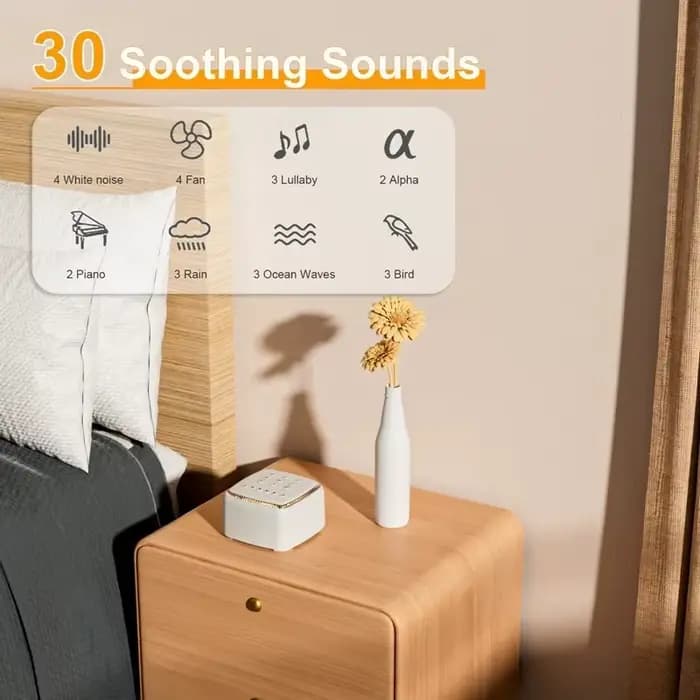 Machine à bruit blanc rechargeable avec 30 sons apaisants et lumière chaude pour un meilleur sommeil