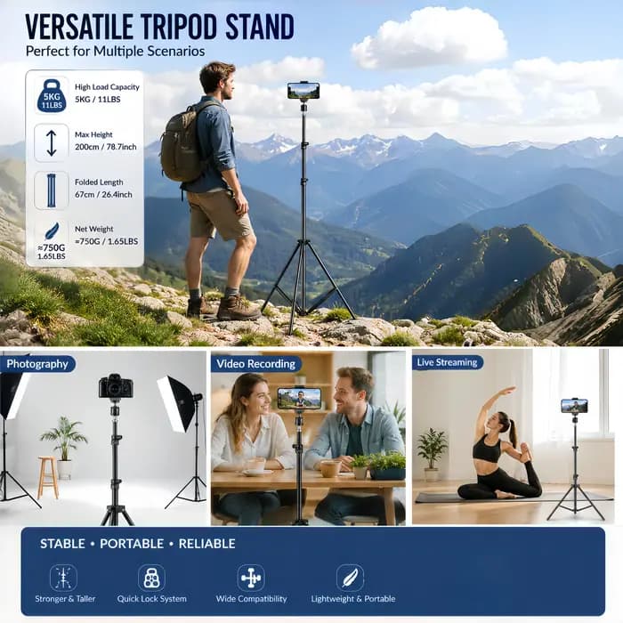 Support d'éclairage robuste en acier au carbone 200 cm, trépied pliable pour la photographie en studio et l'utilisation en extérieur