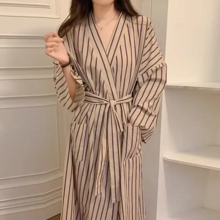 Peignoir pour femme : Robe longue à manches longues rayée style kimono printemps/été – Pyjama et vêtements de détente amples, décontractés, style rétro