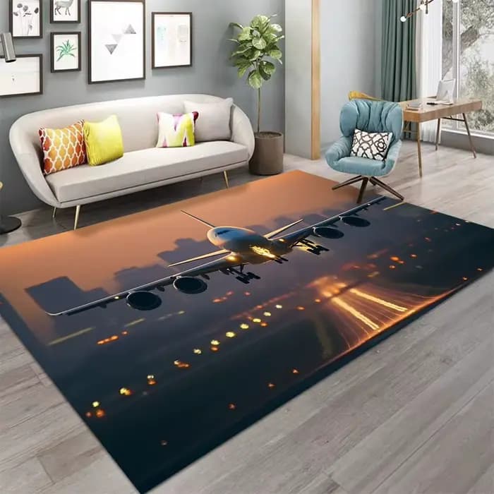 Tapis de piste d'aéroport 3D, conception de décollage d'avion, motif de paysage urbain au coucher du soleil, grande surface antidérapante pour salon moderne