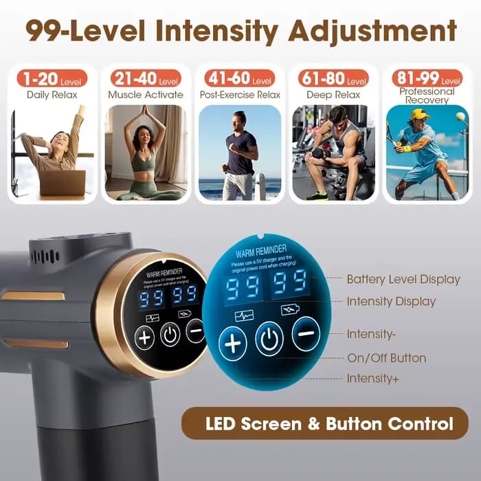Pistolet de massage à 99 niveaux avec écran LCD