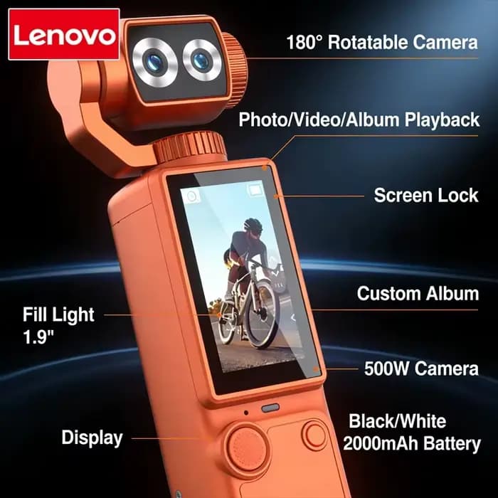 Caméra portable sportive Lenovo HD Wi-Fi, mini enregistreur de conduite pour vélo, avec lumière d'appoint intégrée pour vlogging et sports