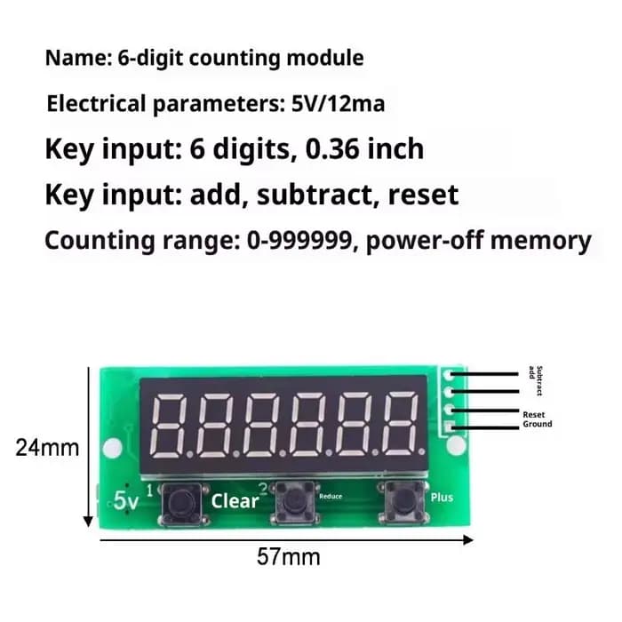Module de compteur numérique Compact à 6 chiffres, compteur numérique rouge 0 à 999999 avec fonction de mémoire, 1/3/5 pièces