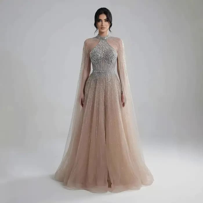 Robe de soirée trapèze de luxe en perles de cristal Turquoise, avec manches Cape, pour fête formelle, Serene Hill, personnalisée, LA73054, 2025