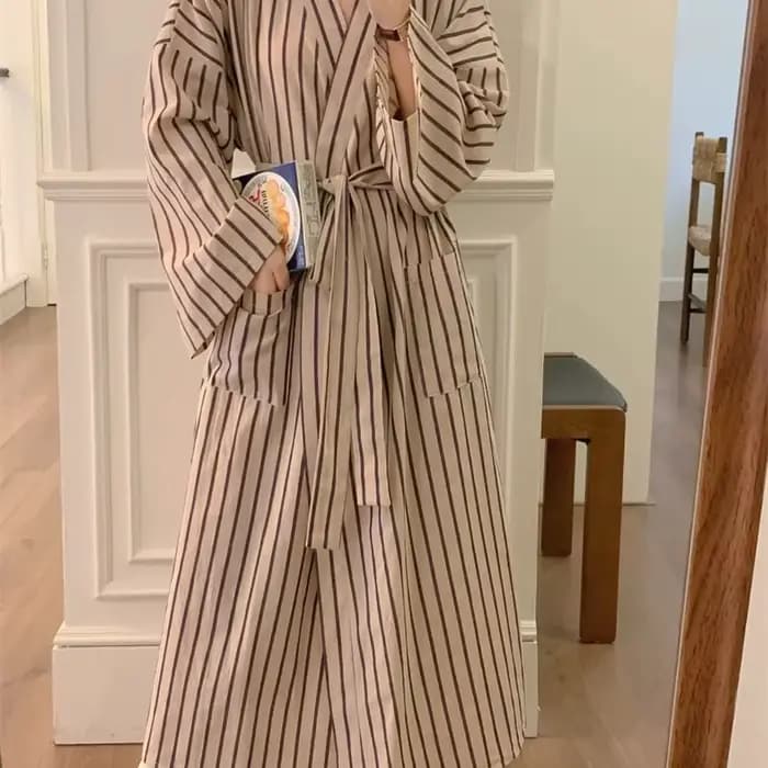 Peignoir pour femme : Robe longue à manches longues rayée style kimono printemps/été – Pyjama et vêtements de détente amples, décontractés, style rétro