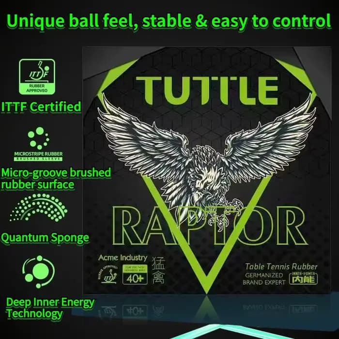 TUTTLE RAPTOR 66B Caoutchouc de tennis de table à picots vers l'intérieur avec éponge Quantum Inner Energy de 2,1 mm 47,5 ° Caoutchouc de ping-pong approuvé par l'ITTF