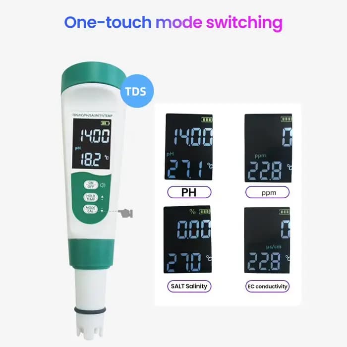 Testeur d'eau potable 5 en 1, testeur de qualité de l'eau, testeur de PH numérique de haute précision PH/EC/TDS/salt/compteur de température pour piscines et Aquariums