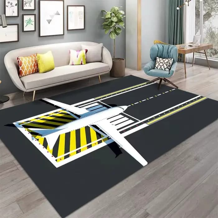 Tapis de piste d'aéroport 3D, conception de décollage d'avion, motif de paysage urbain au coucher du soleil, grande surface antidérapante pour salon moderne